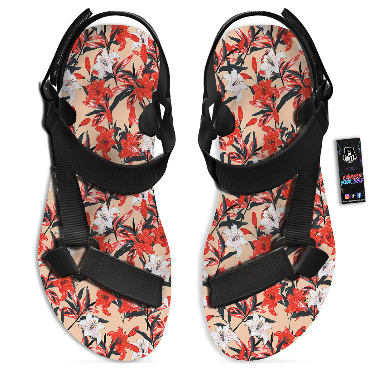 Flowers Lily Watercolor Print Pattern Black Open Toe Sandals-grizzshop