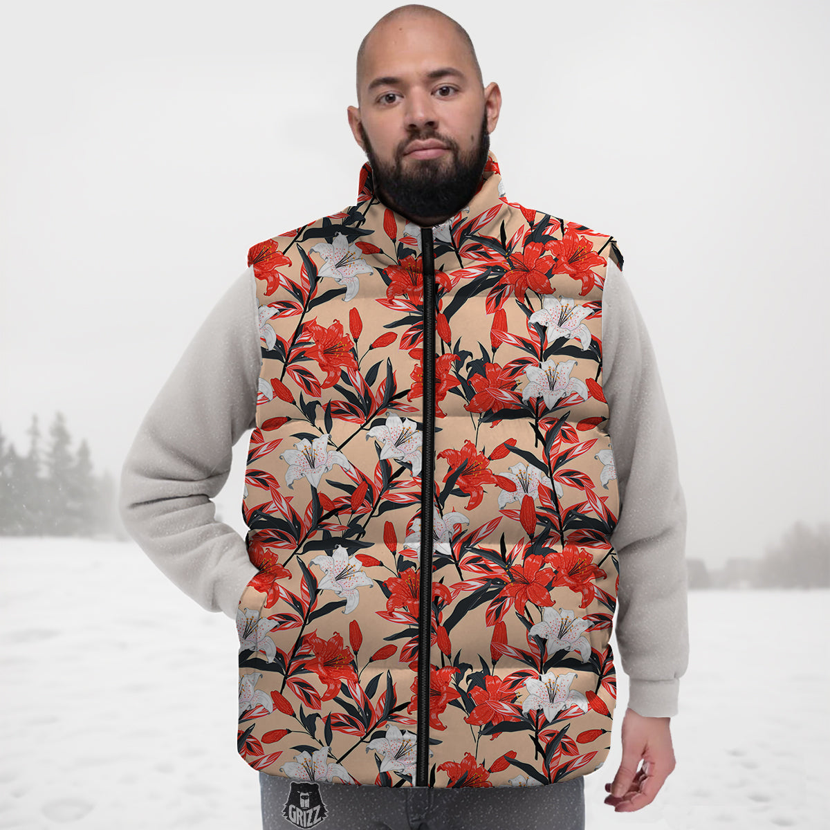 Flowers Lily Watercolor Print Pattern Down Vest-grizzshop