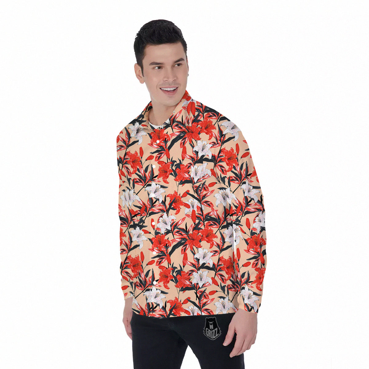 Flowers Lily Watercolor Print Pattern Men's Long Sleeve Shirts-grizzshop