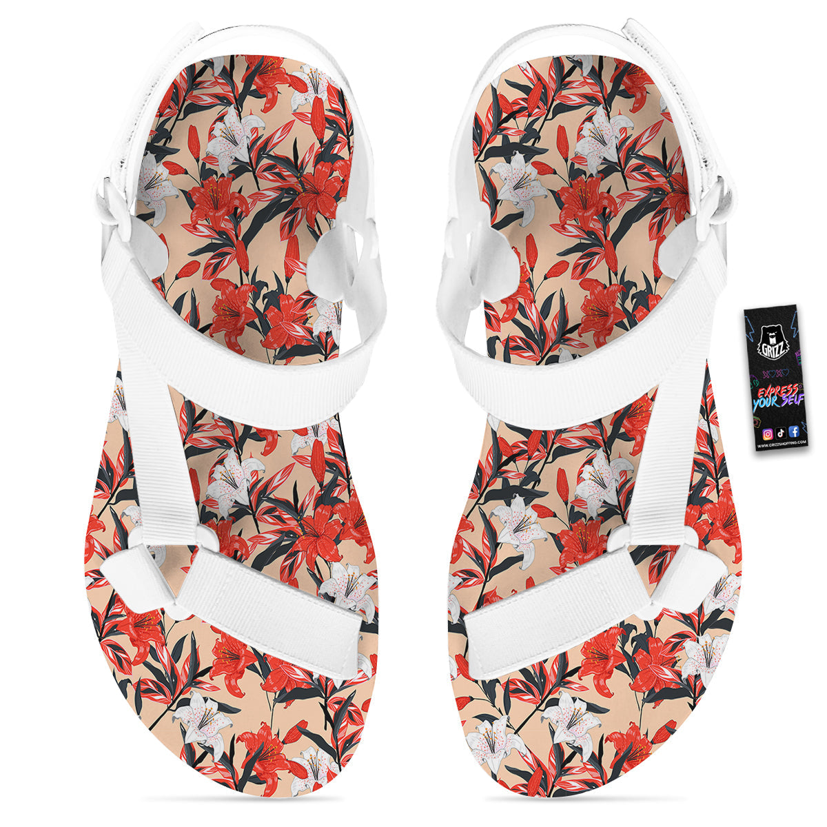 Flowers Lily Watercolor Print Pattern White Open Toe Sandals-grizzshop