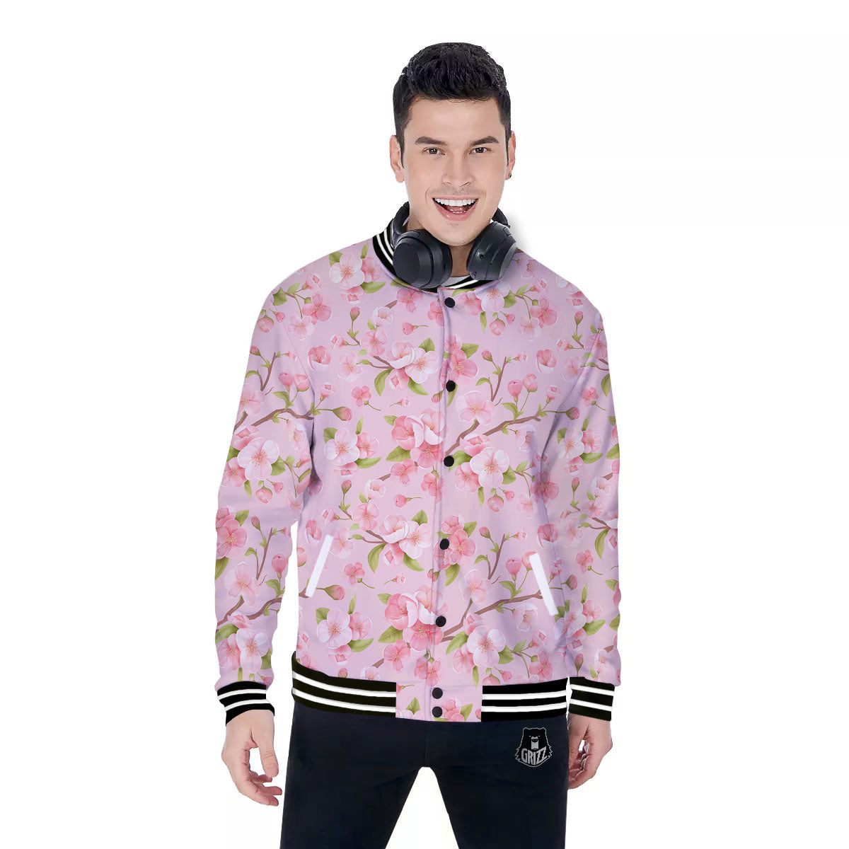 Flowers Pink Print Pattern Baseball Jacket-grizzshop