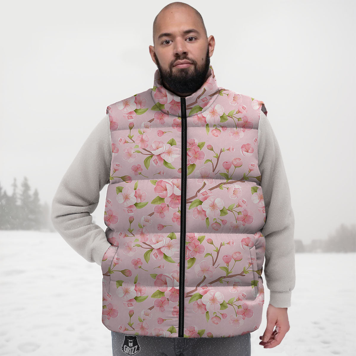 Flowers Pink Print Pattern Down Vest-grizzshop