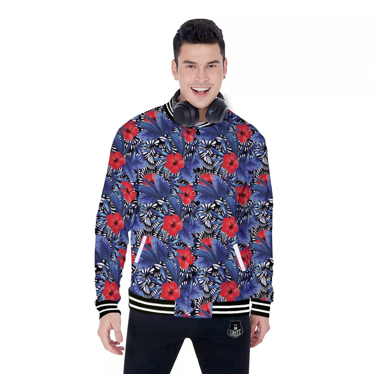 Flowers Red Hibiscus Print Pattern Baseball Jacket-grizzshop