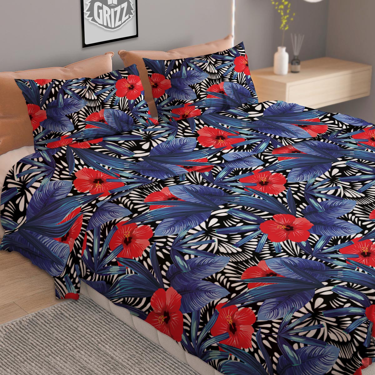 Flowers Red Hibiscus Print Pattern Duvet Cover Bedding Set-grizzshop