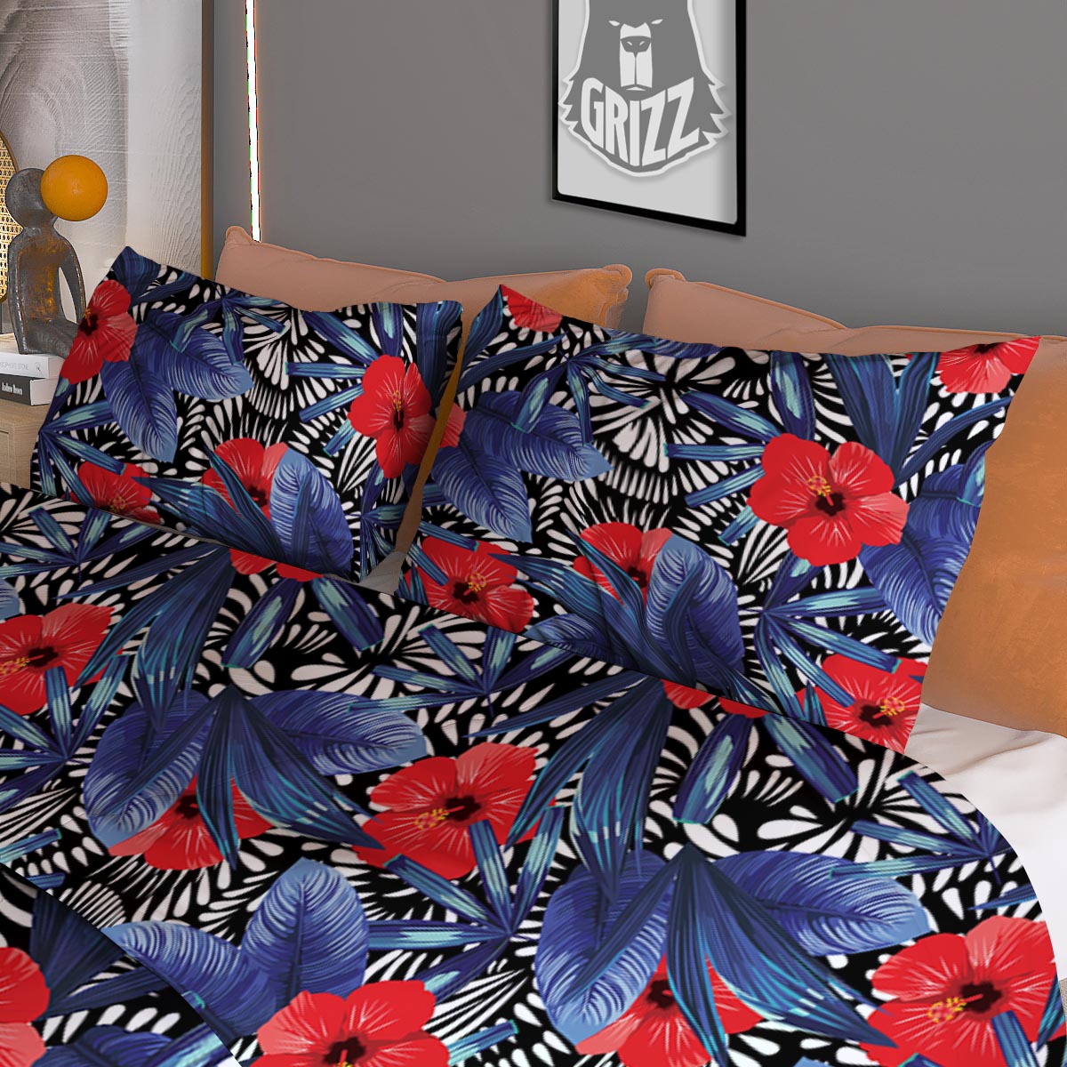 Flowers Red Hibiscus Print Pattern Duvet Cover Bedding Set-grizzshop