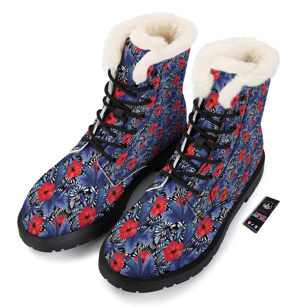 Flowers Red Hibiscus Print Pattern Winter Boots-grizzshop