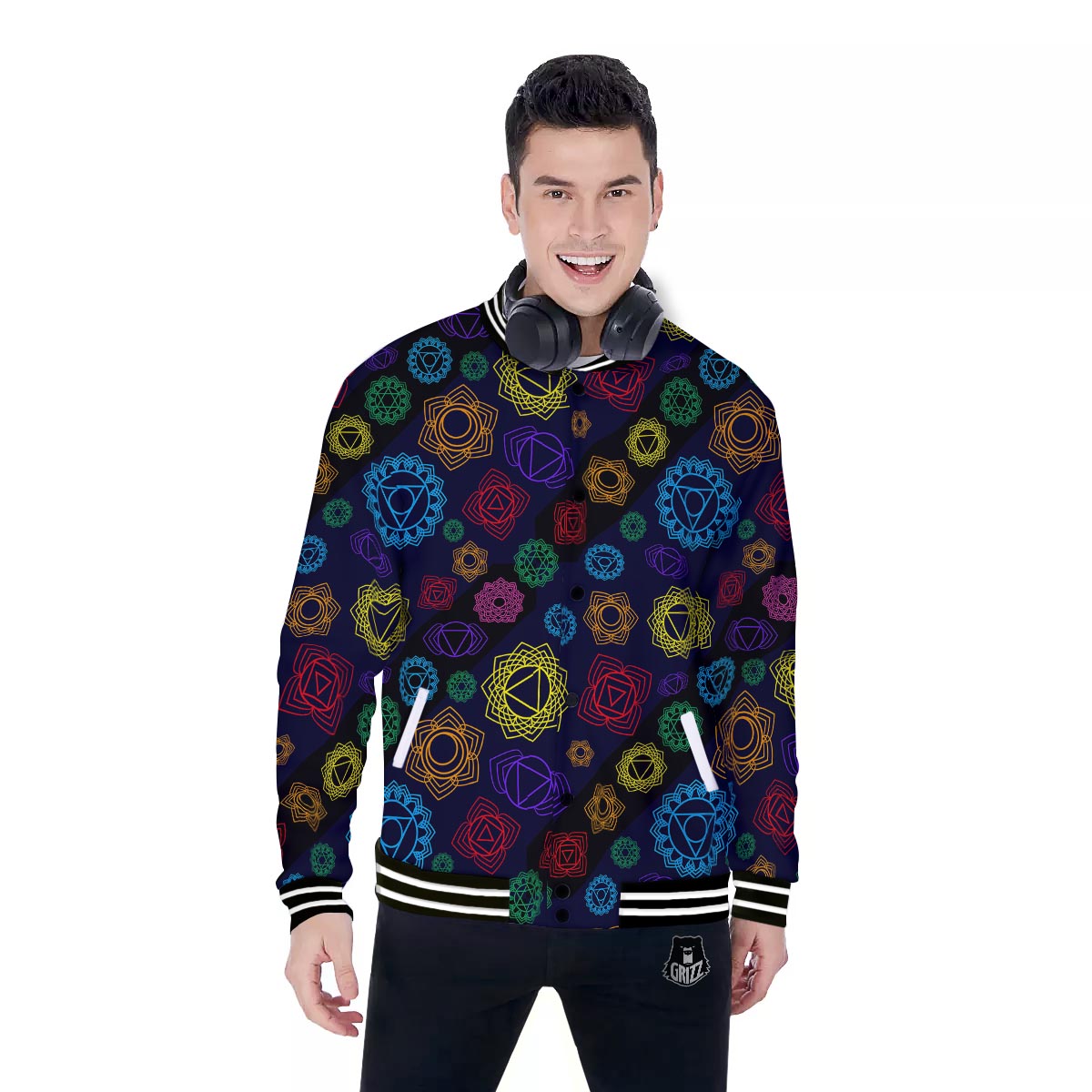Flowers Seven Chakras Print Pattern Baseball Jacket-grizzshop
