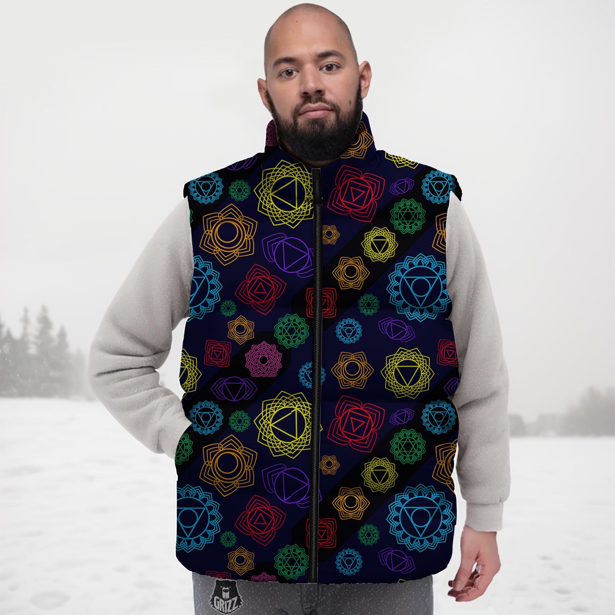 Flowers Seven Chakras Print Pattern Down Vest-grizzshop