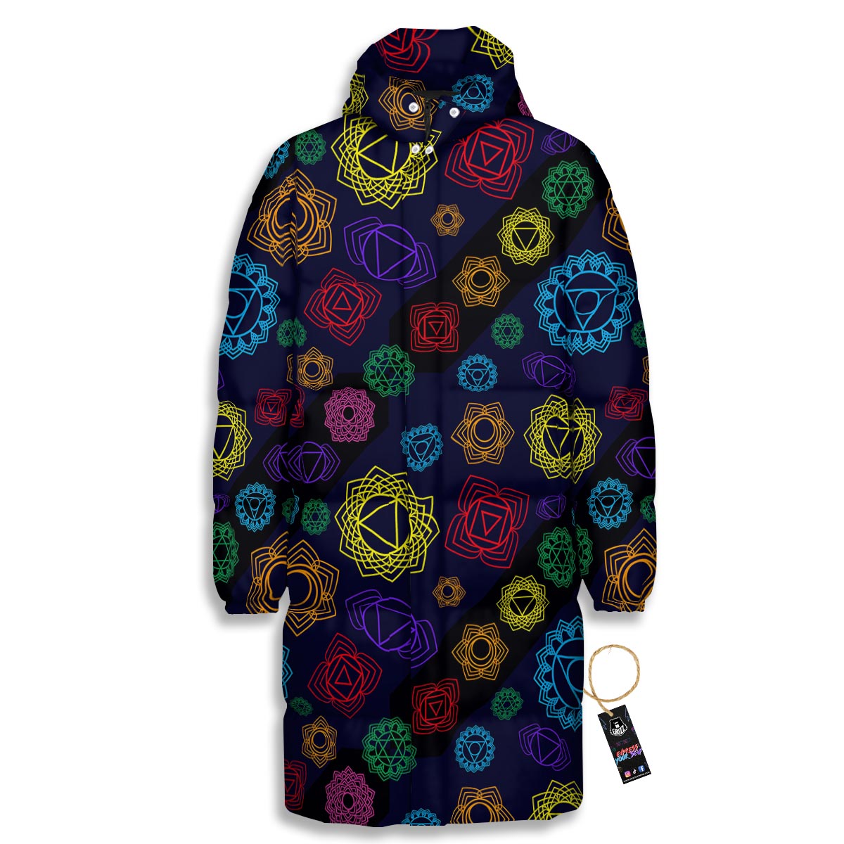 Flowers Seven Chakras Print Pattern Long Down Jacket-grizzshop