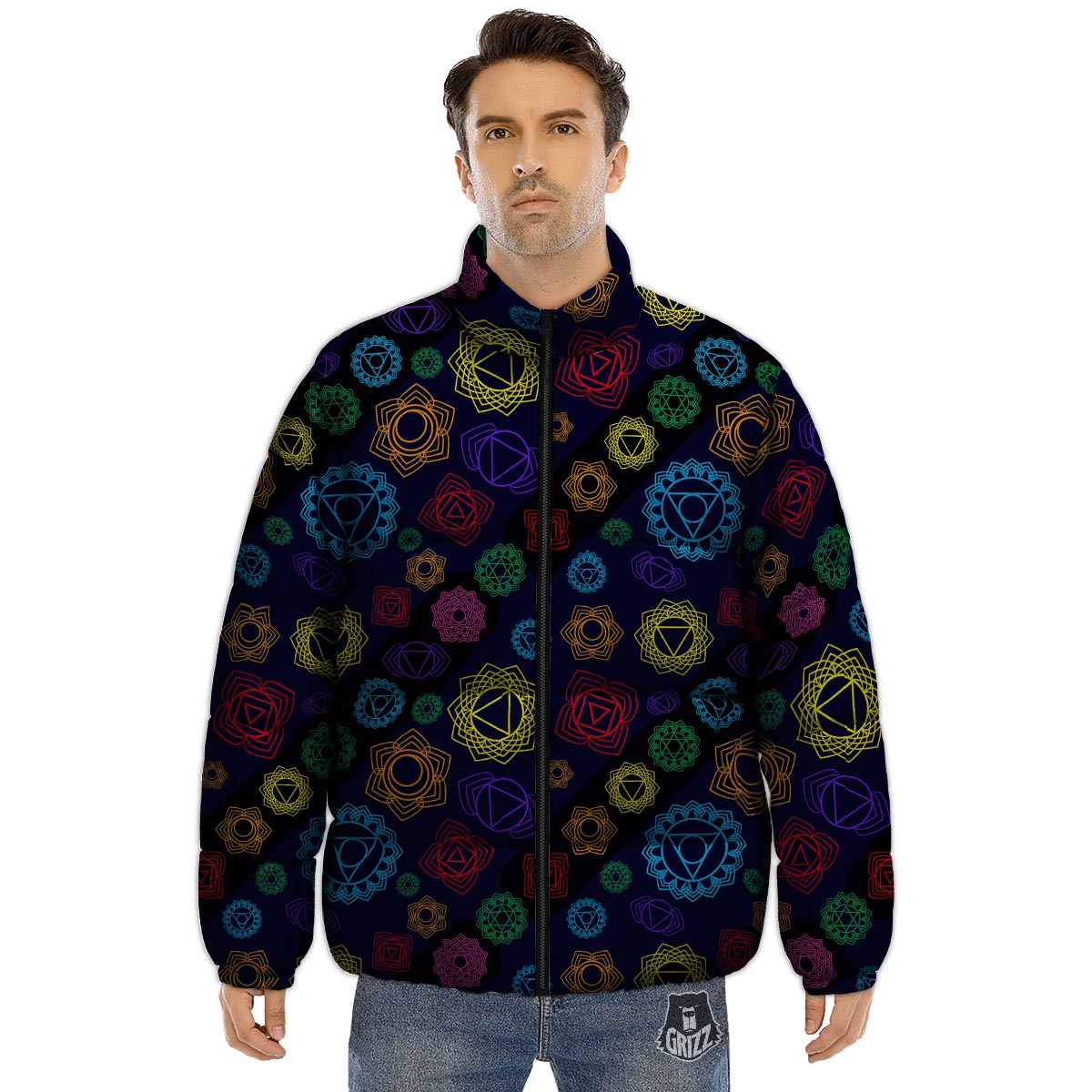Flowers Seven Chakras Print Pattern Puffer Jacket-grizzshop