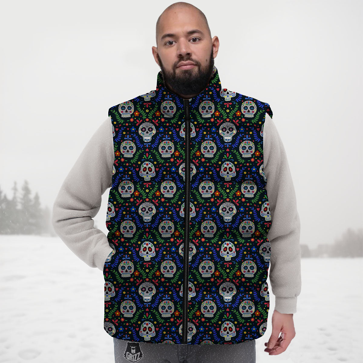 Flowers Skull Green Blue Print Pattern Down Vest-grizzshop