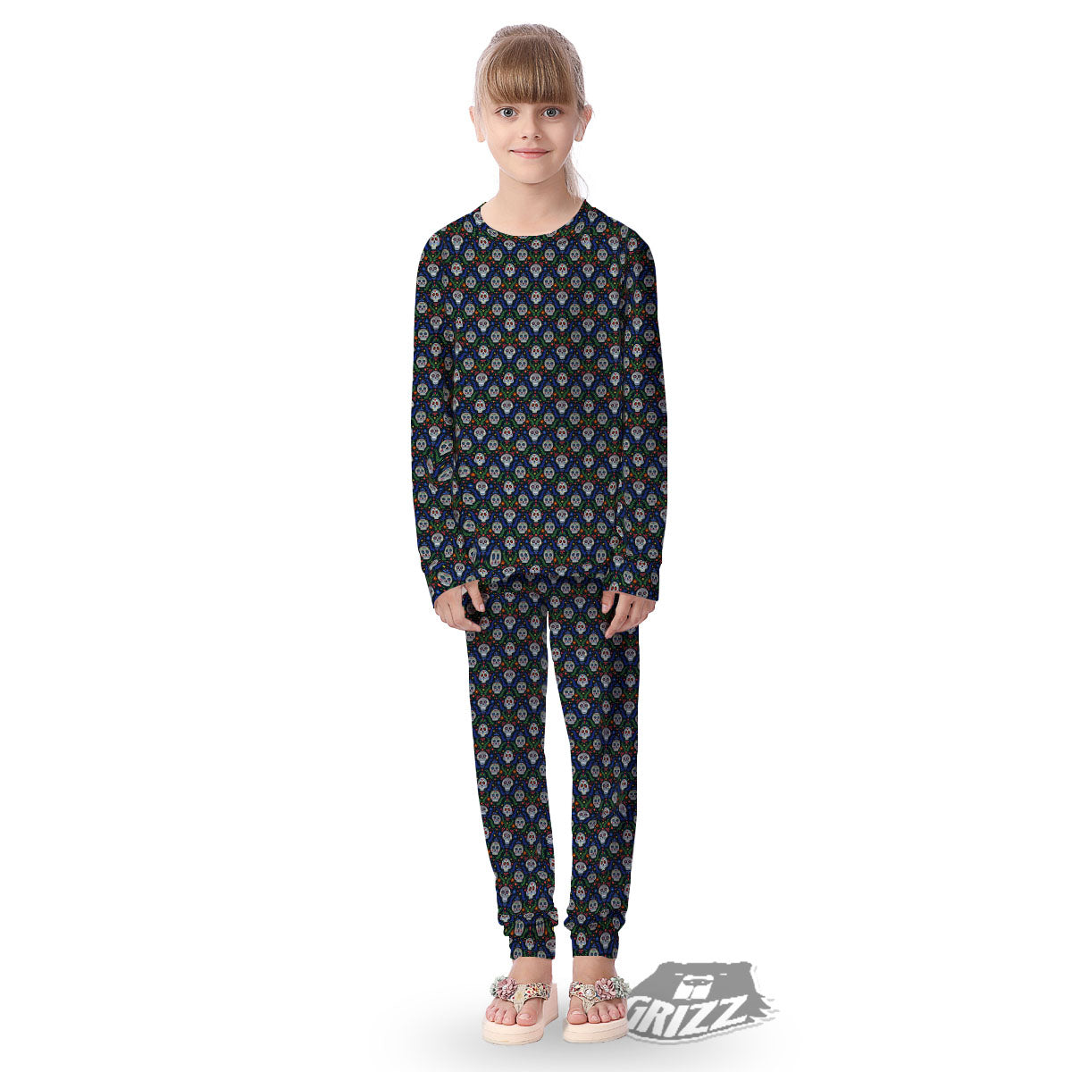 Flowers Skull Green Blue Print Pattern Kid's Pajamas-grizzshop