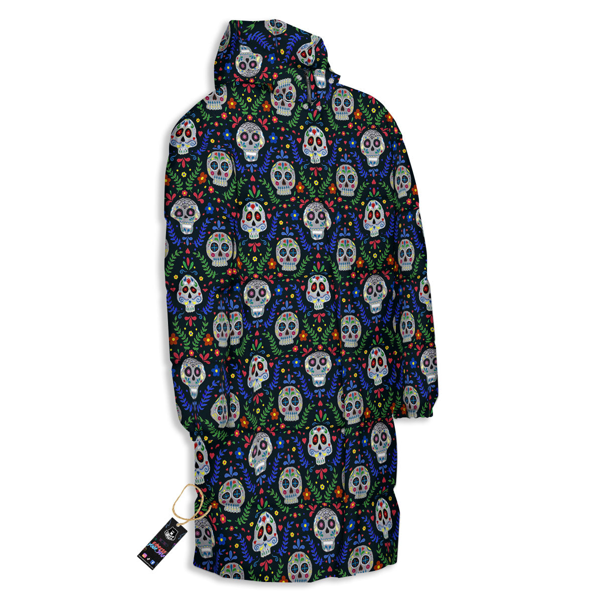 Flowers Skull Green Blue Print Pattern Long Down Jacket-grizzshop