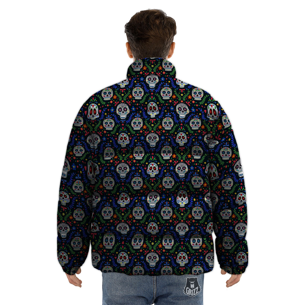 Flowers Skull Green Blue Print Pattern Puffer Jacket-grizzshop
