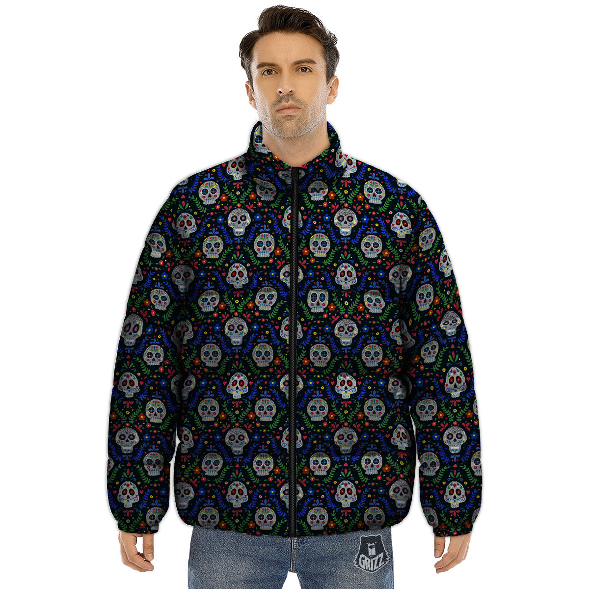 Flowers Skull Green Blue Print Pattern Puffer Jacket-grizzshop