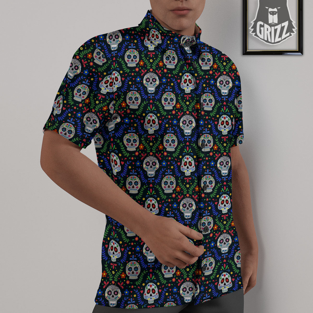 Flowers Skull Green Blue Print Pattern Untucked Shirts-grizzshop