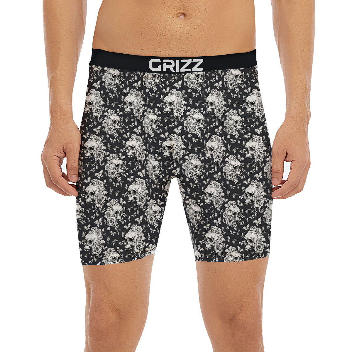 Flowers Skull Monochrome Print Pattern Boxer Briefs-grizzshop