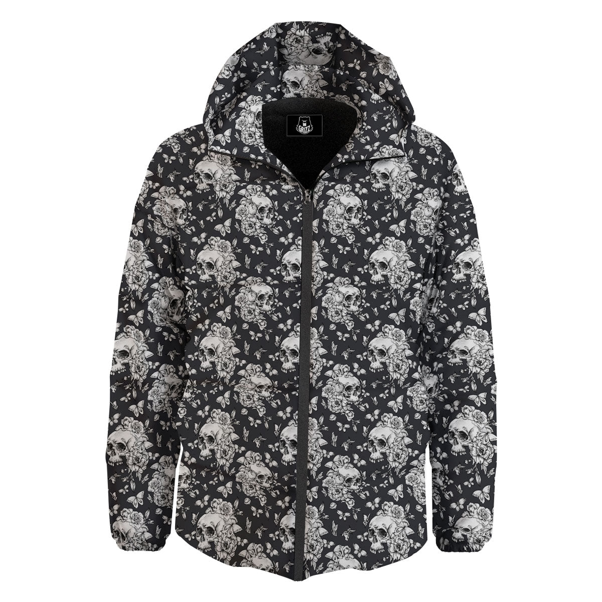 Flowers Skull Monochrome Print Pattern Down Jacket-grizzshop