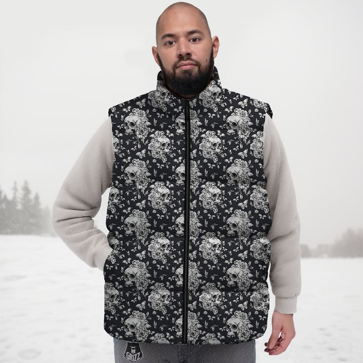 Flowers Skull Monochrome Print Pattern Down Vest-grizzshop