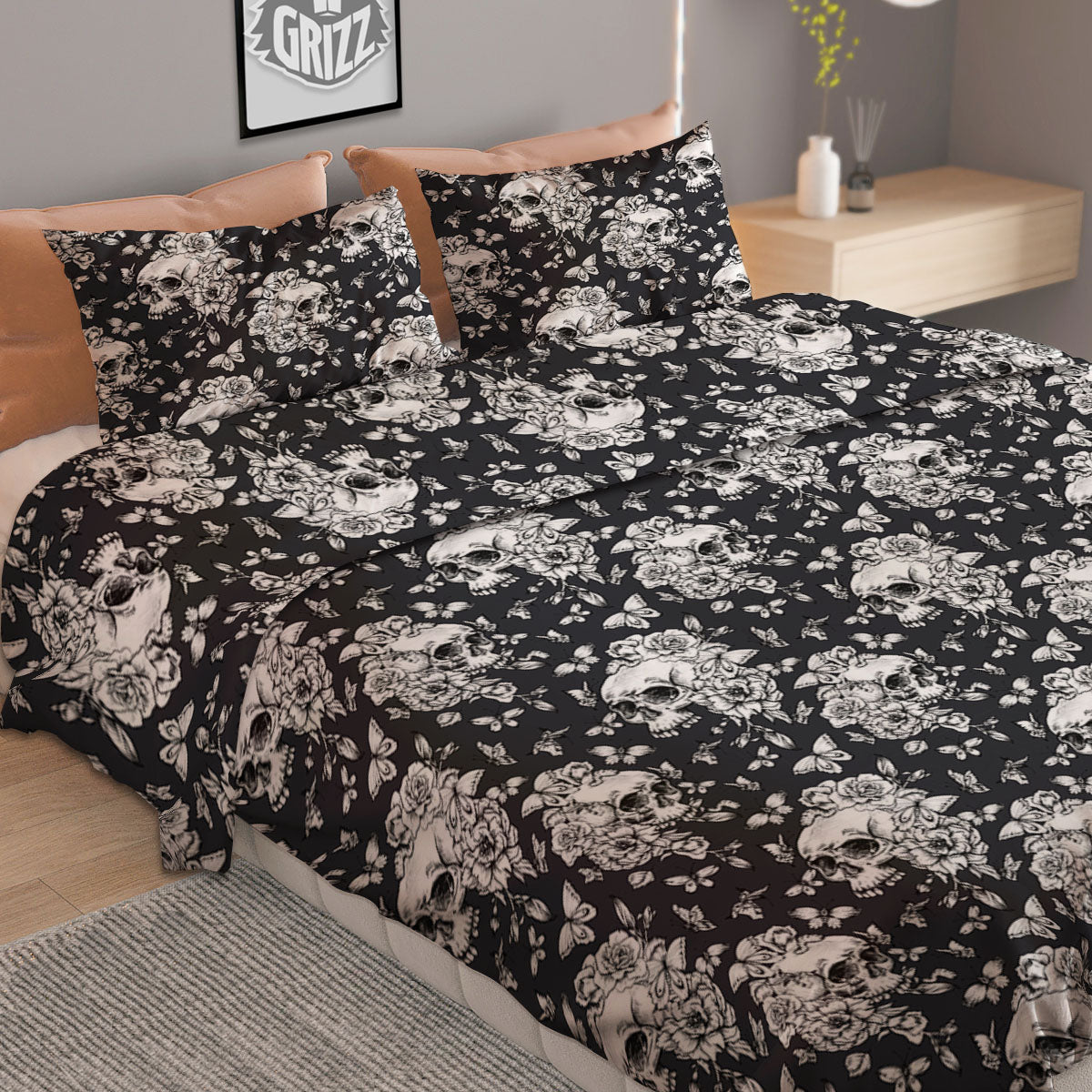 Flowers Skull Monochrome Print Pattern Duvet Cover Bedding Set