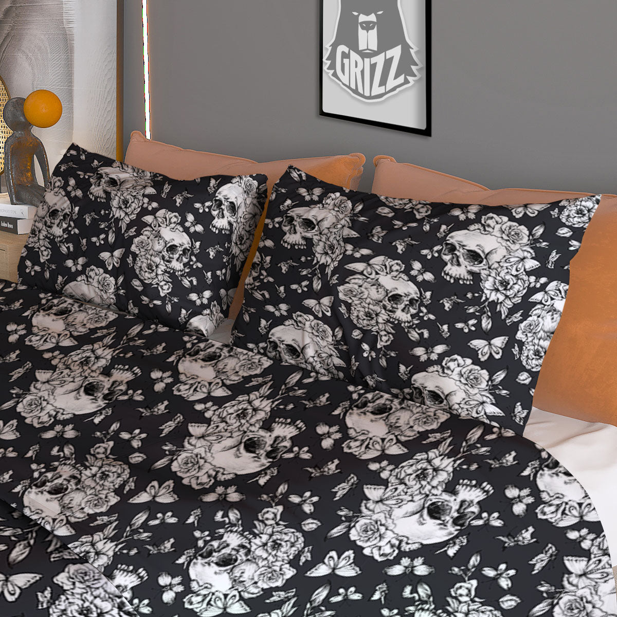Flowers Skull Monochrome Print Pattern Duvet Cover Bedding Set
