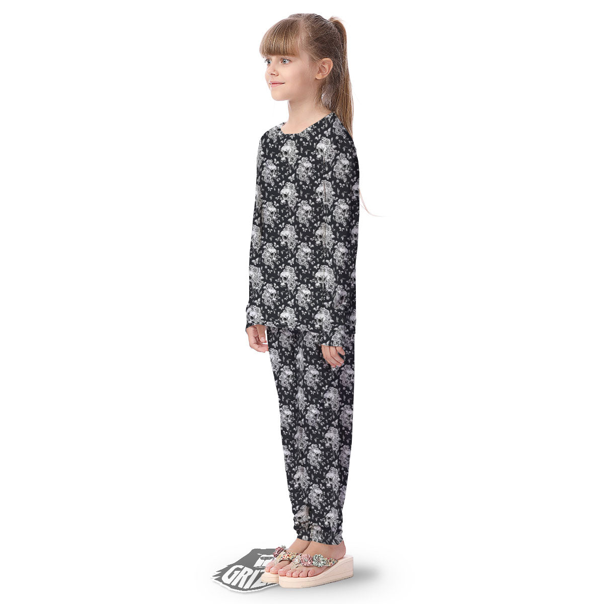Flowers Skull Monochrome Print Pattern Kid's Pajamas-grizzshop