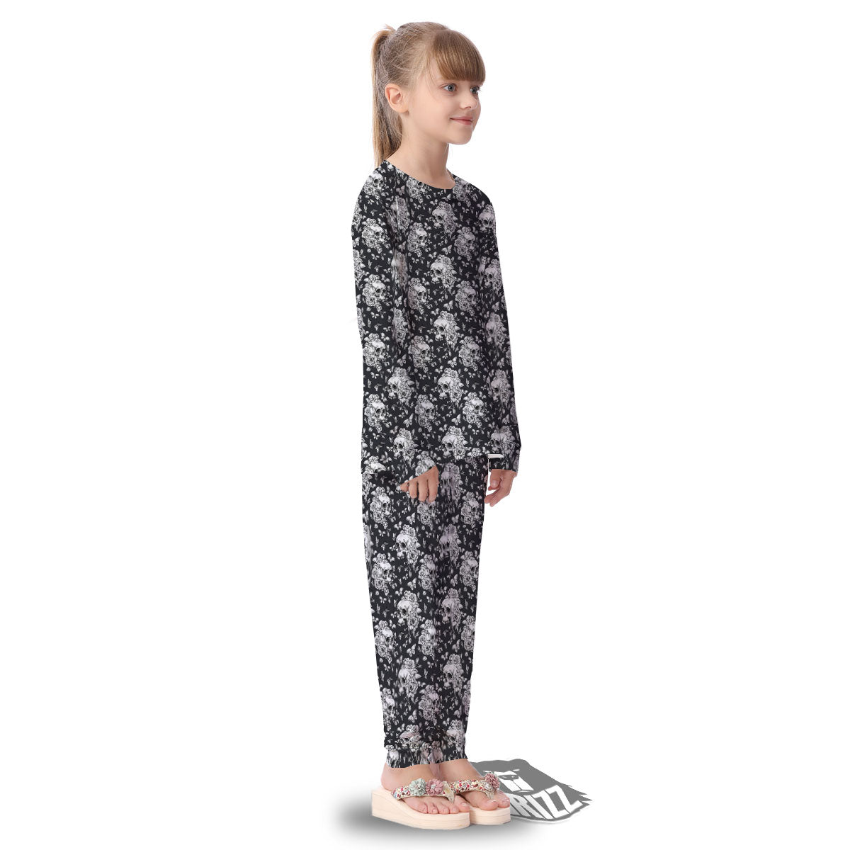 Flowers Skull Monochrome Print Pattern Kid's Pajamas-grizzshop