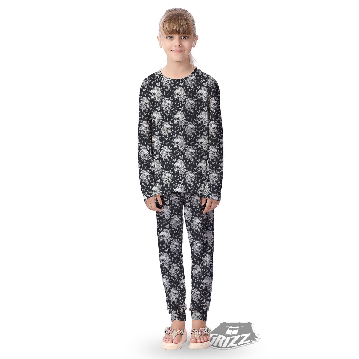 Flowers Skull Monochrome Print Pattern Kid's Pajamas-grizzshop