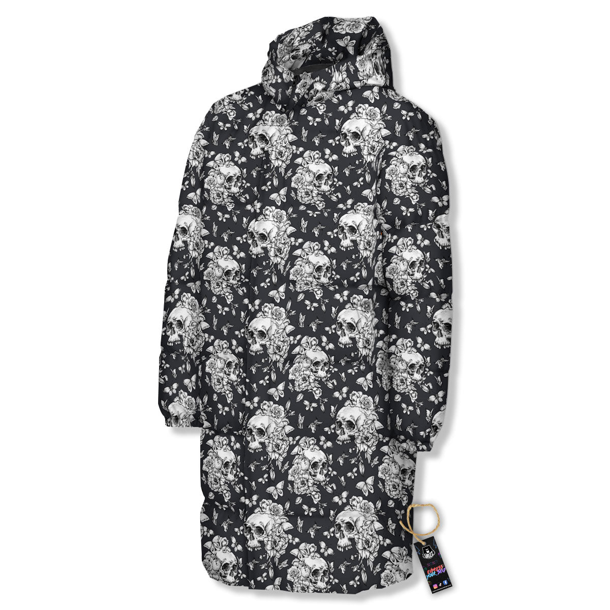 Flowers Skull Monochrome Print Pattern Long Down Jacket-grizzshop
