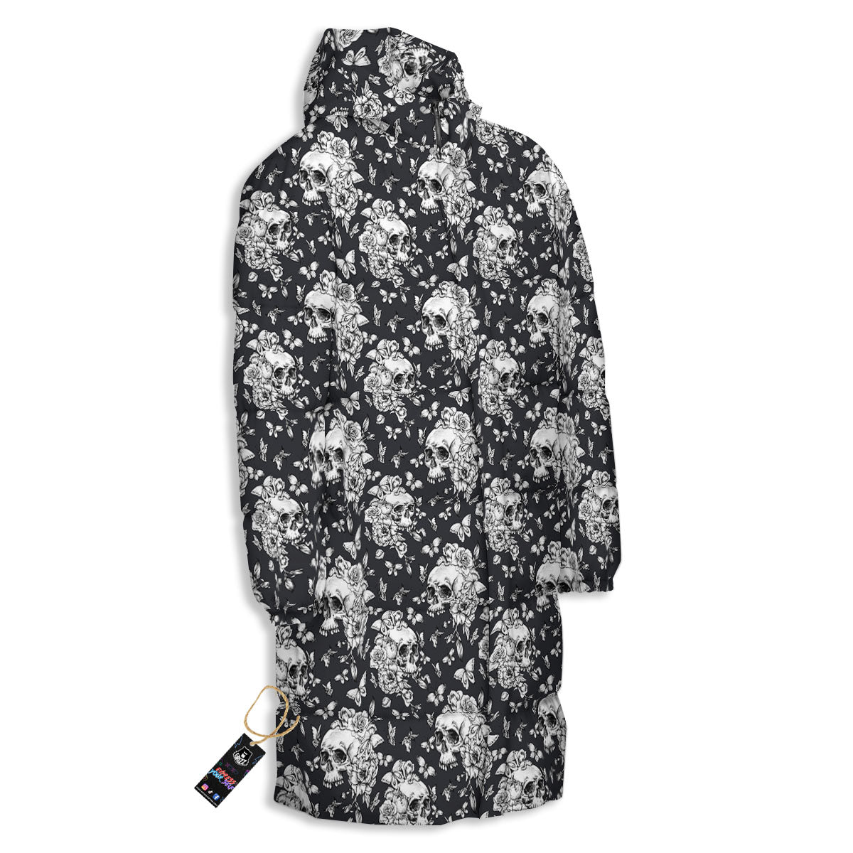 Flowers Skull Monochrome Print Pattern Long Down Jacket-grizzshop