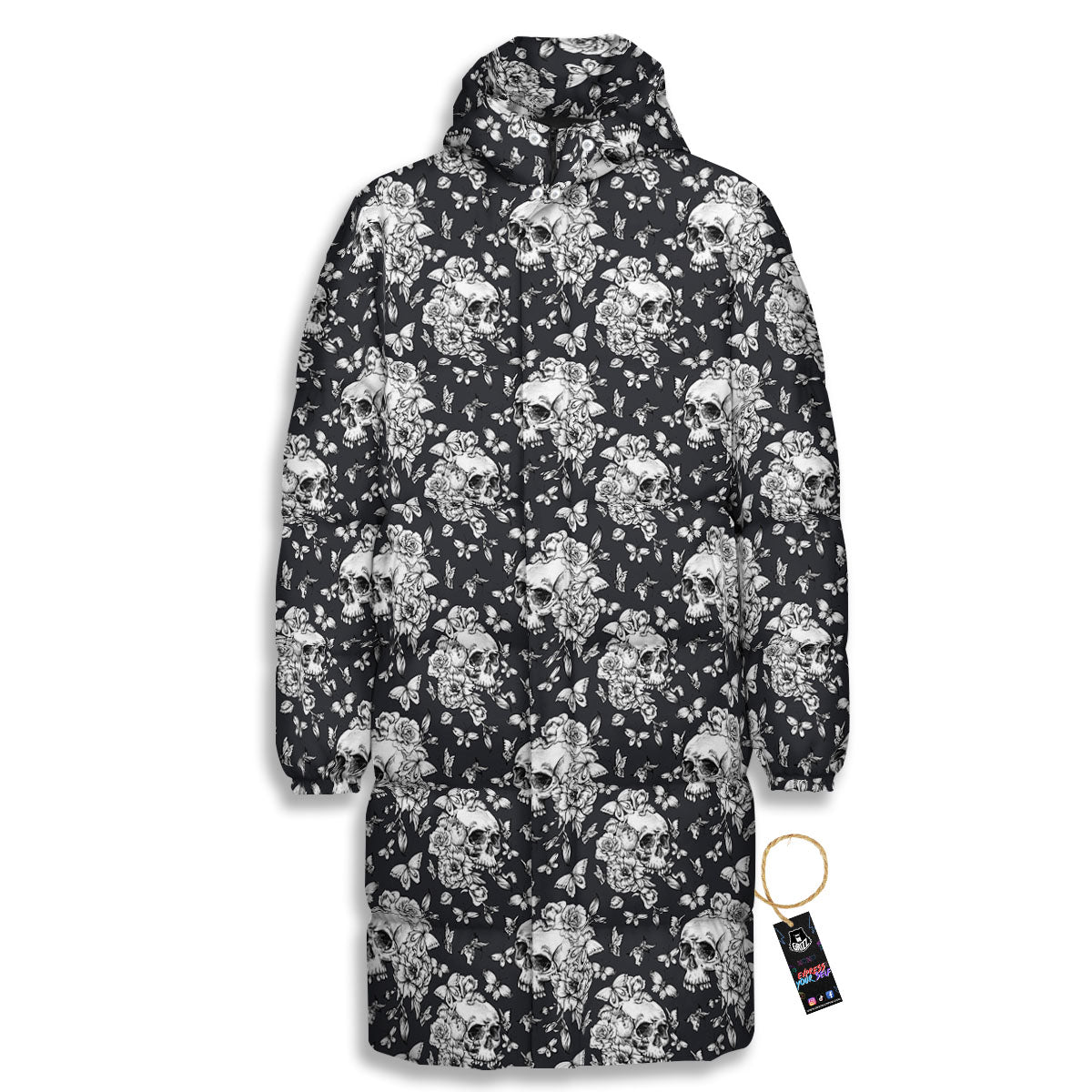 Flowers Skull Monochrome Print Pattern Long Down Jacket-grizzshop