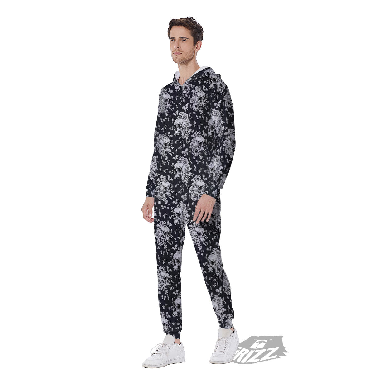 Flowers Skull Monochrome Print Pattern Men's Jumpsuit-grizzshop