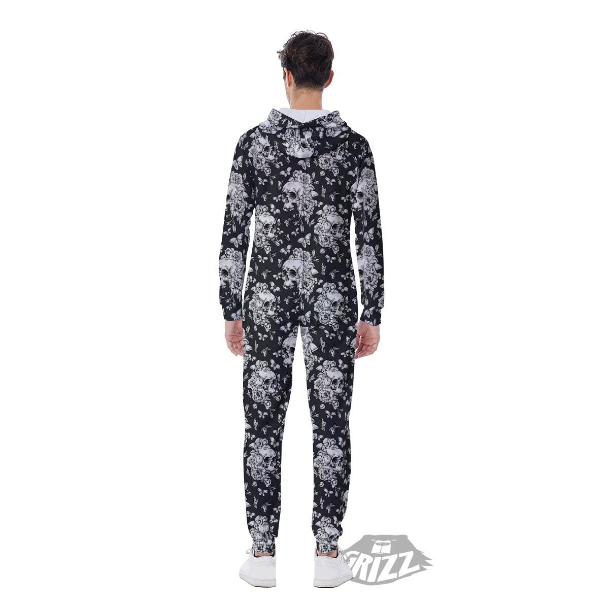 Flowers Skull Monochrome Print Pattern Men's Jumpsuit-grizzshop