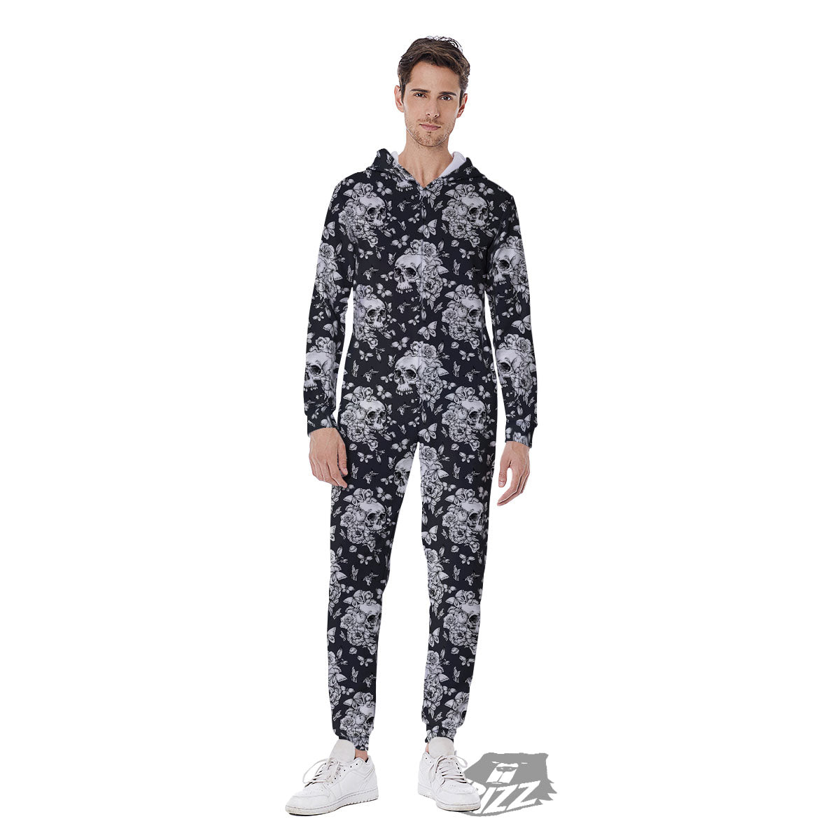 Flowers Skull Monochrome Print Pattern Men's Jumpsuit-grizzshop