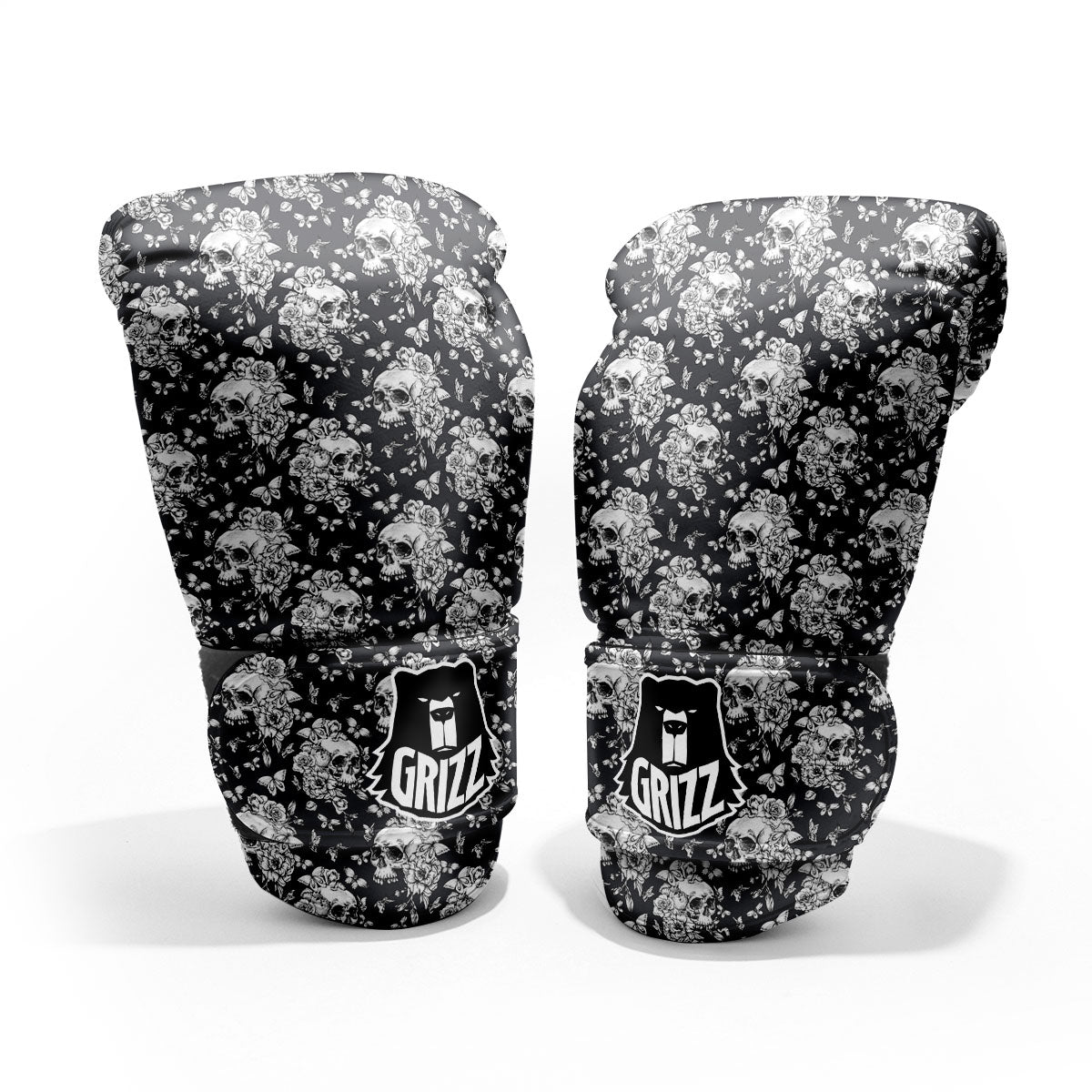 Flowers Skull Monochrome Print Pattern Sparring Gloves-grizzshop