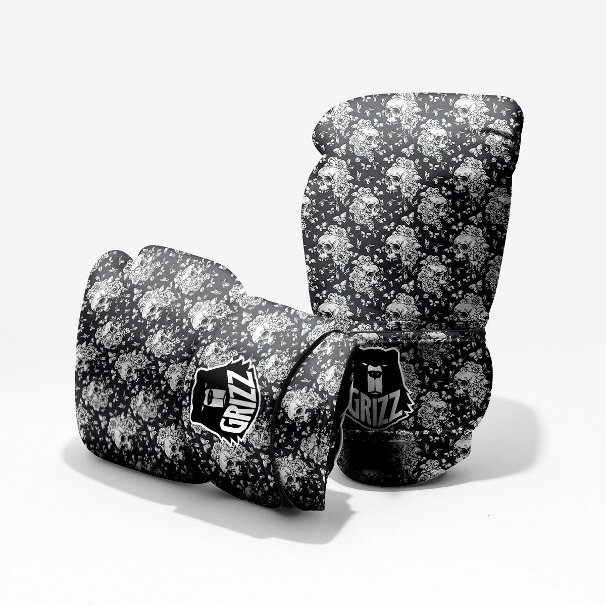 Flowers Skull Monochrome Print Pattern Sparring Gloves-grizzshop