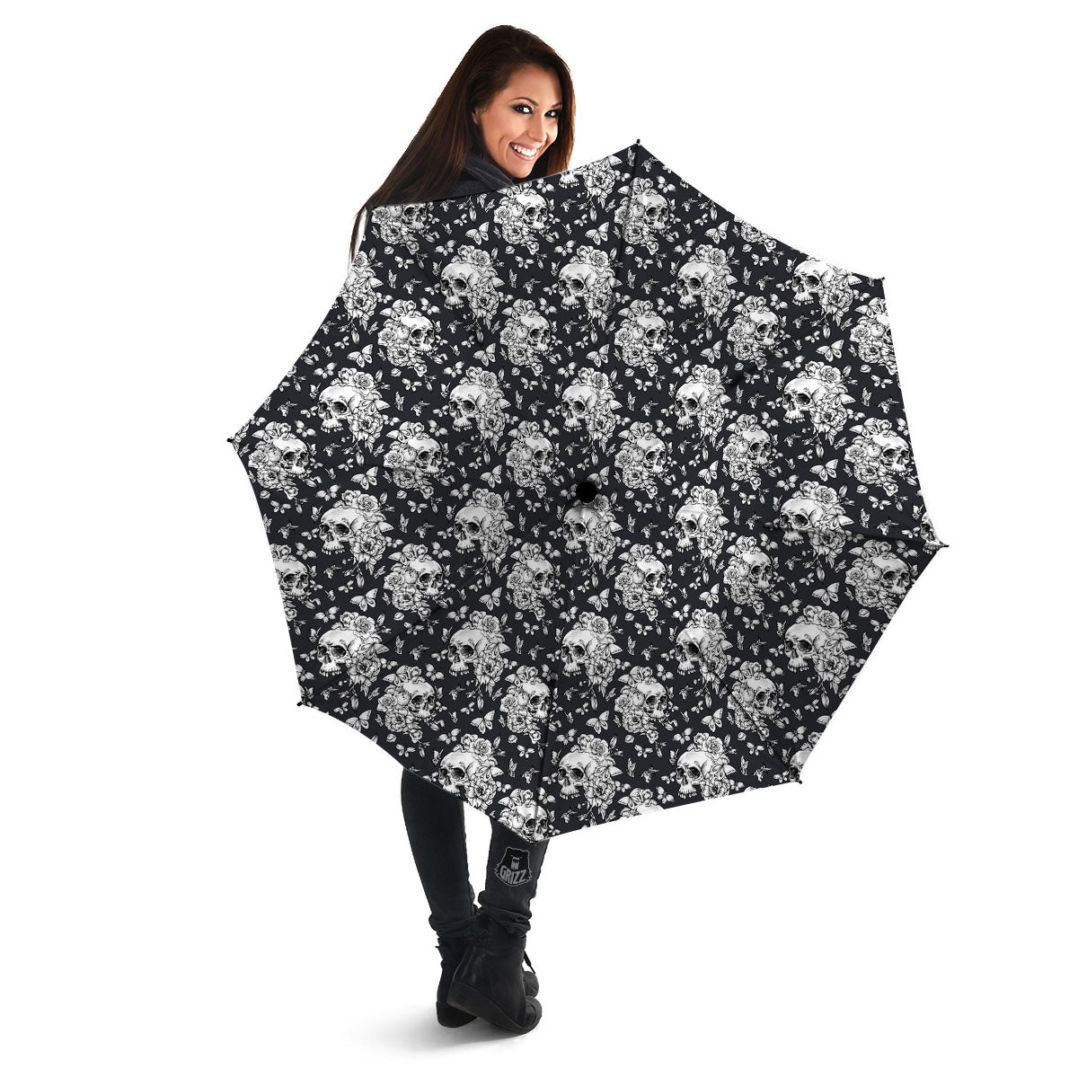 Flowers Skull Monochrome Print Pattern Umbrella-grizzshop