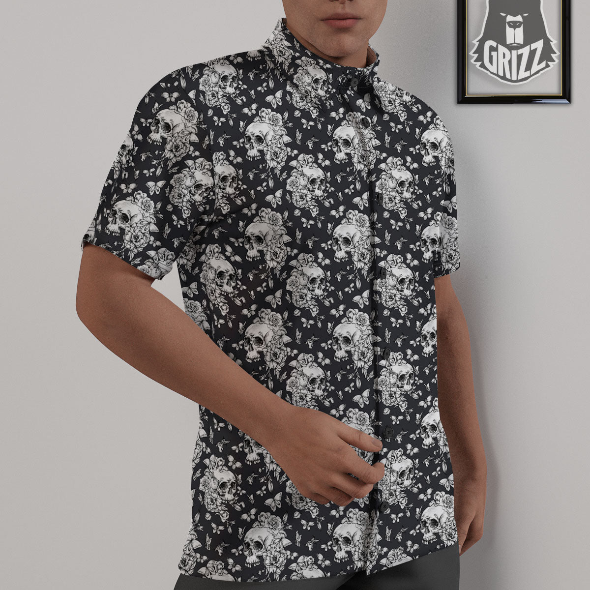 Flowers Skull Monochrome Print Pattern Untucked Shirts-grizzshop