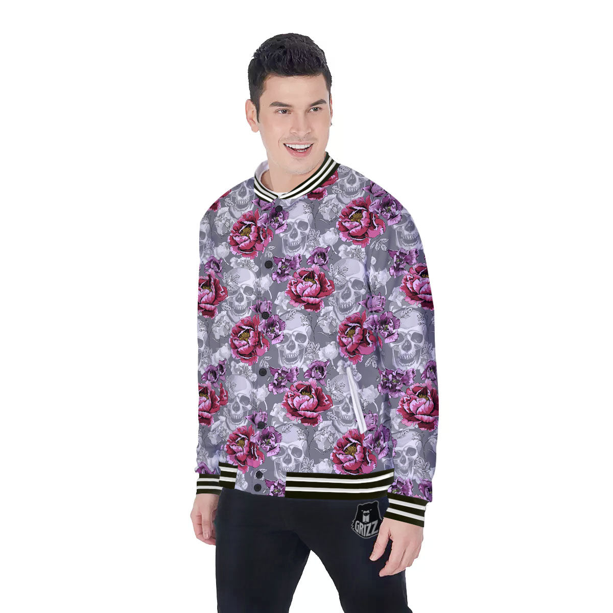 Flowers Skull Pink Print Pattern Baseball Jacket-grizzshop