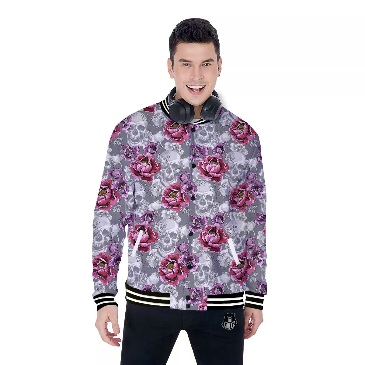 Flowers Skull Pink Print Pattern Baseball Jacket-grizzshop
