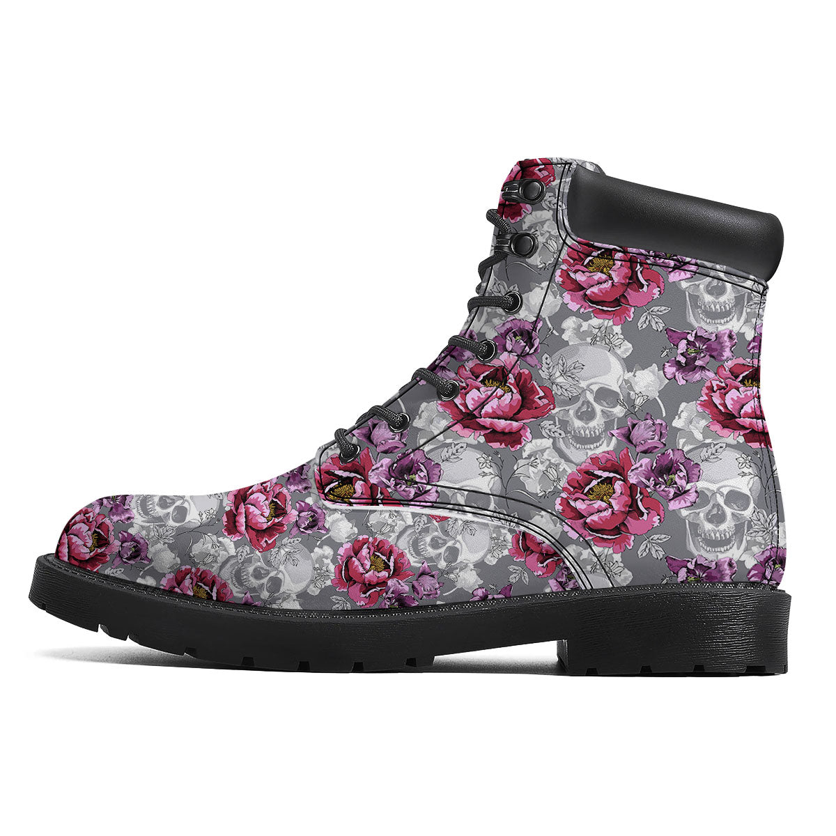 Flowers Skull Pink Print Pattern Boots-grizzshop