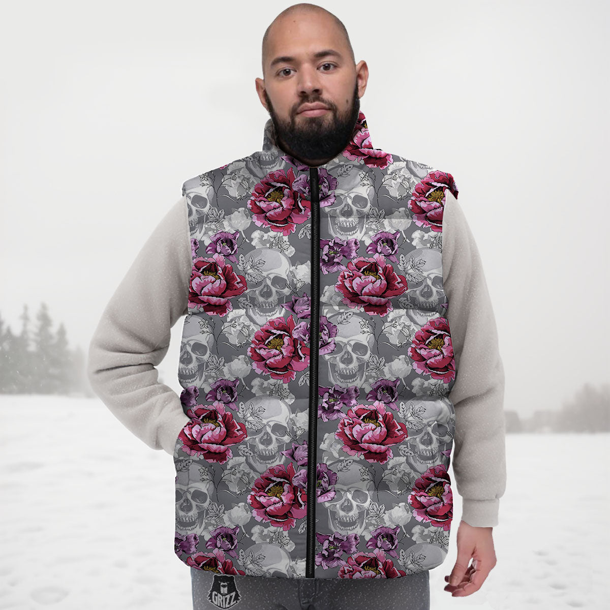 Flowers Skull Pink Print Pattern Down Vest-grizzshop