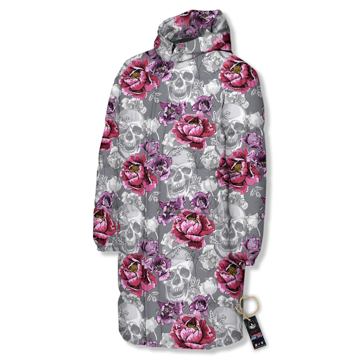 Flowers Skull Pink Print Pattern Long Down Jacket-grizzshop