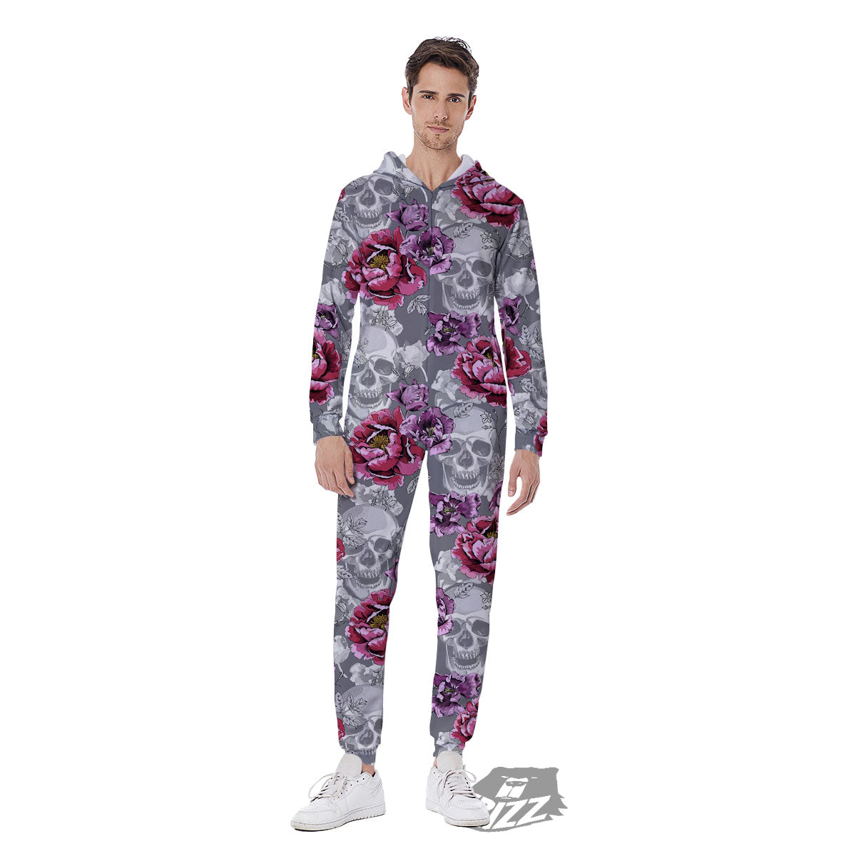 Flowers Skull Pink Print Pattern Men's Jumpsuit-grizzshop