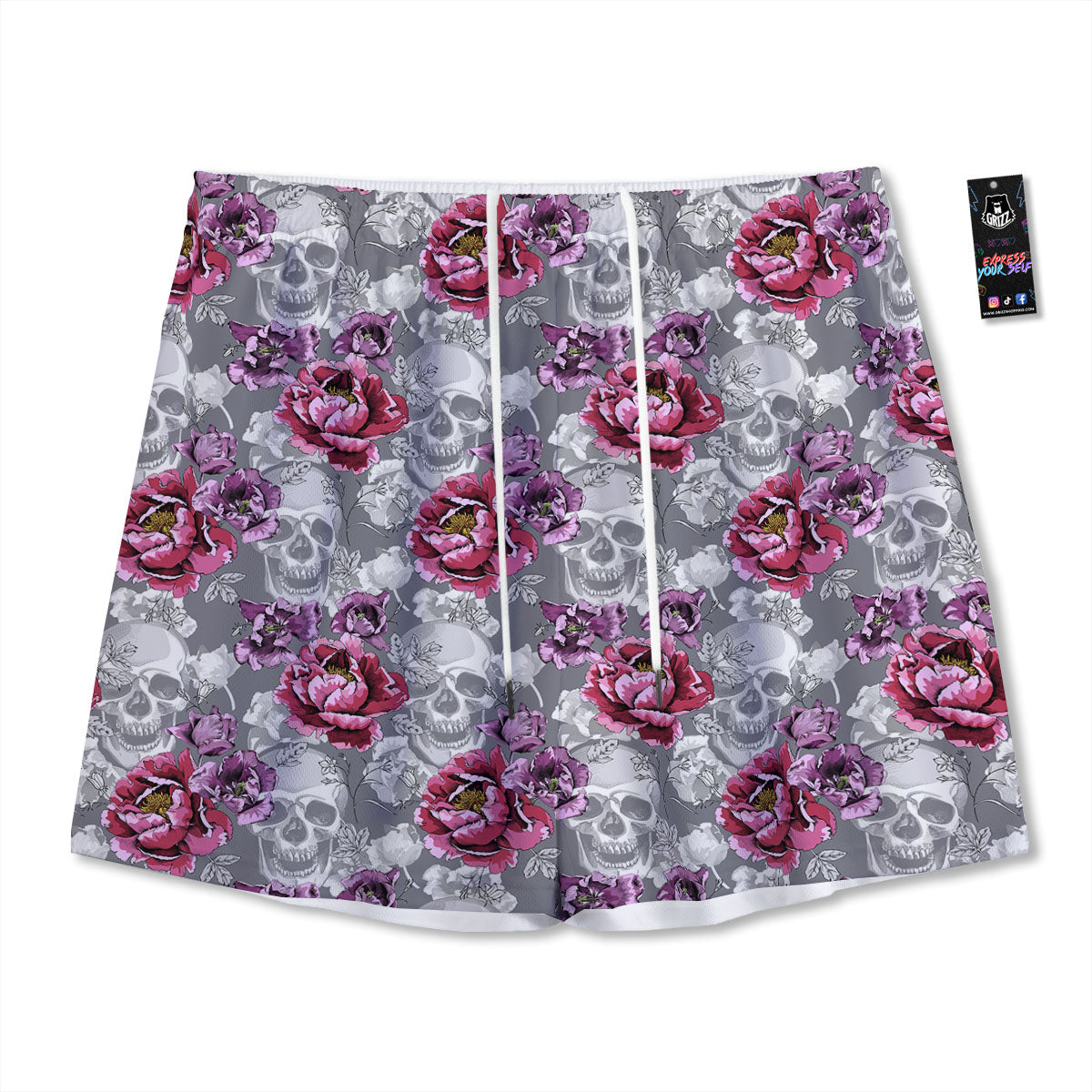 Flowers Skull Pink Print Pattern Mesh Shorts