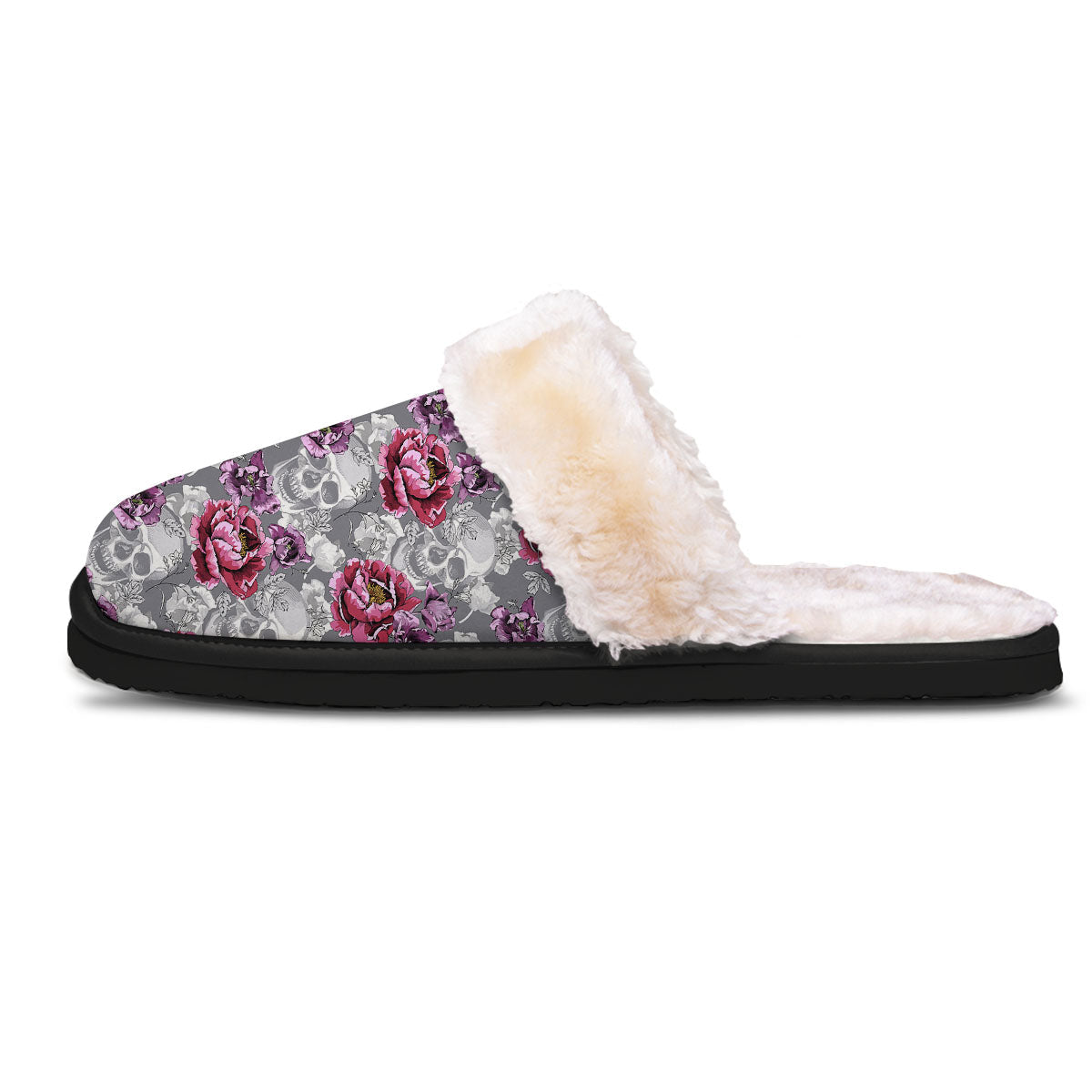 Flowers Skull Pink Print Pattern Slippers-grizzshop