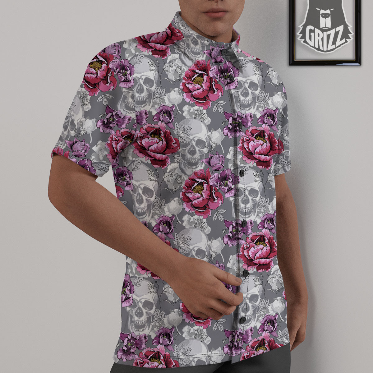Flowers Skull Pink Print Pattern Untucked Shirts-grizzshop