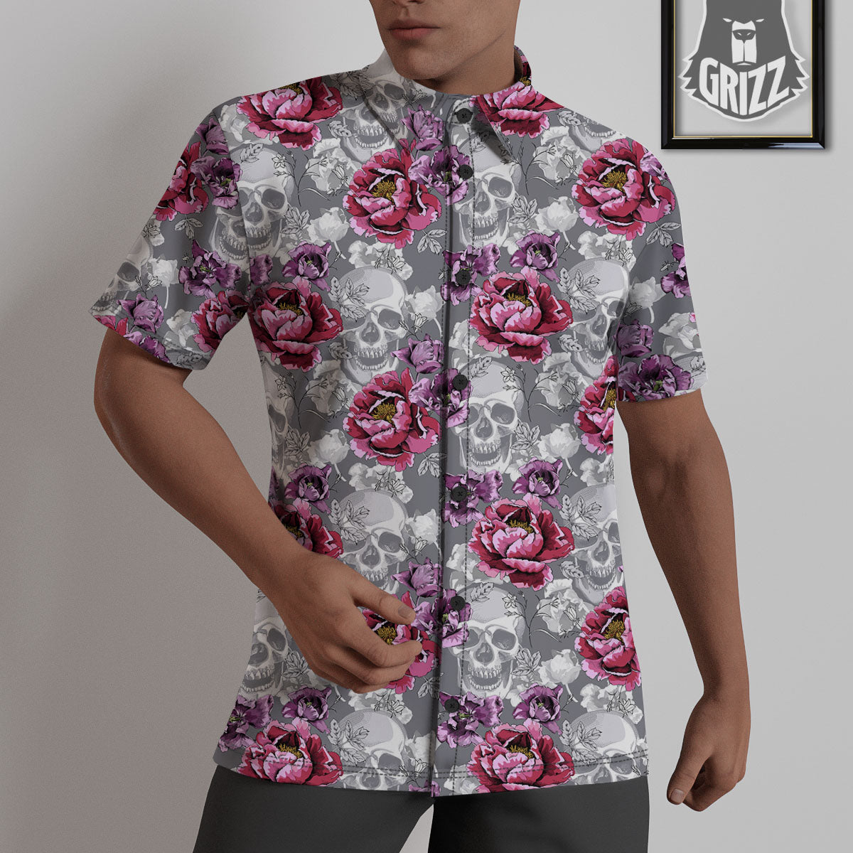 Flowers Skull Pink Print Pattern Untucked Shirts-grizzshop
