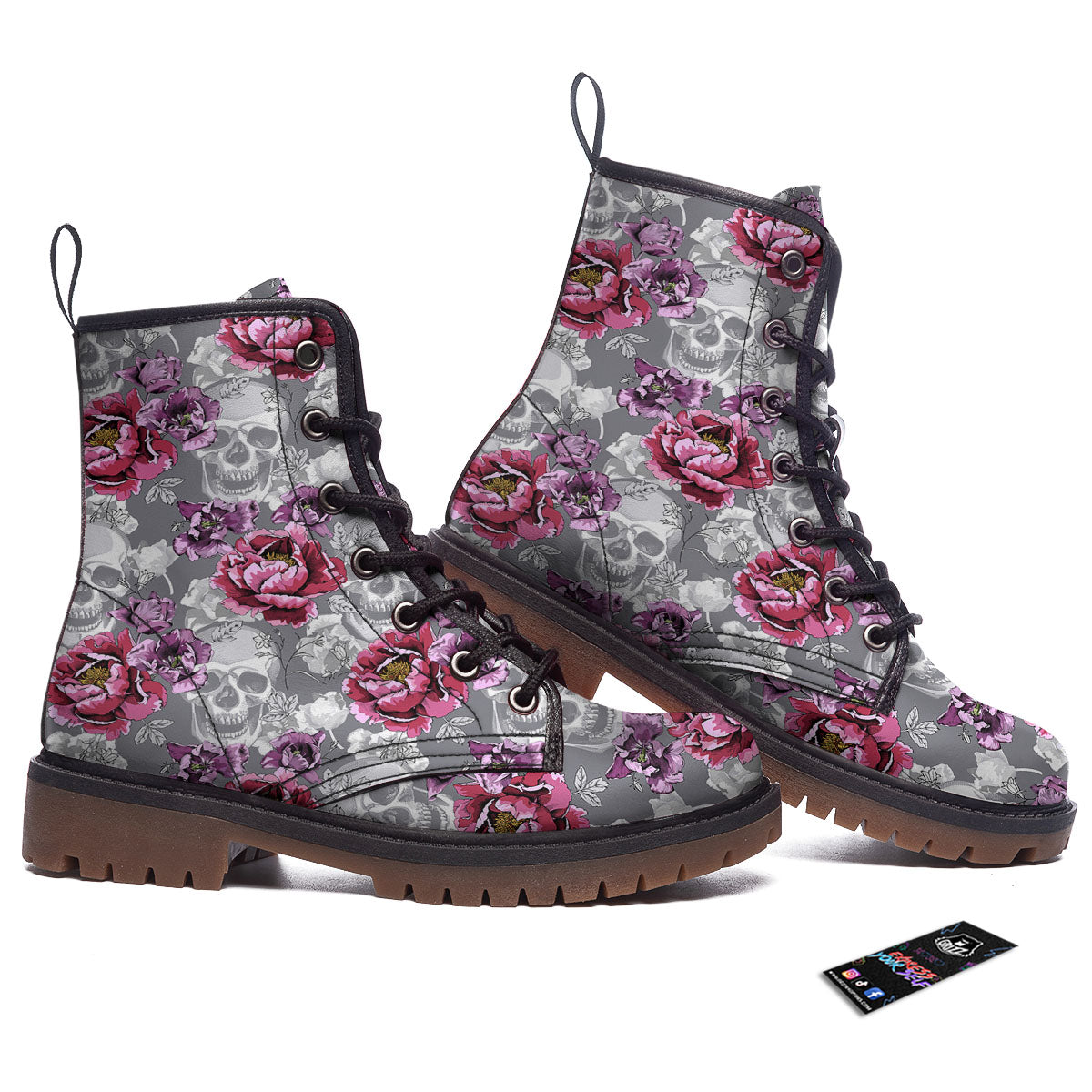 Flowers Skull Pink Print Pattern Work Boots-grizzshop