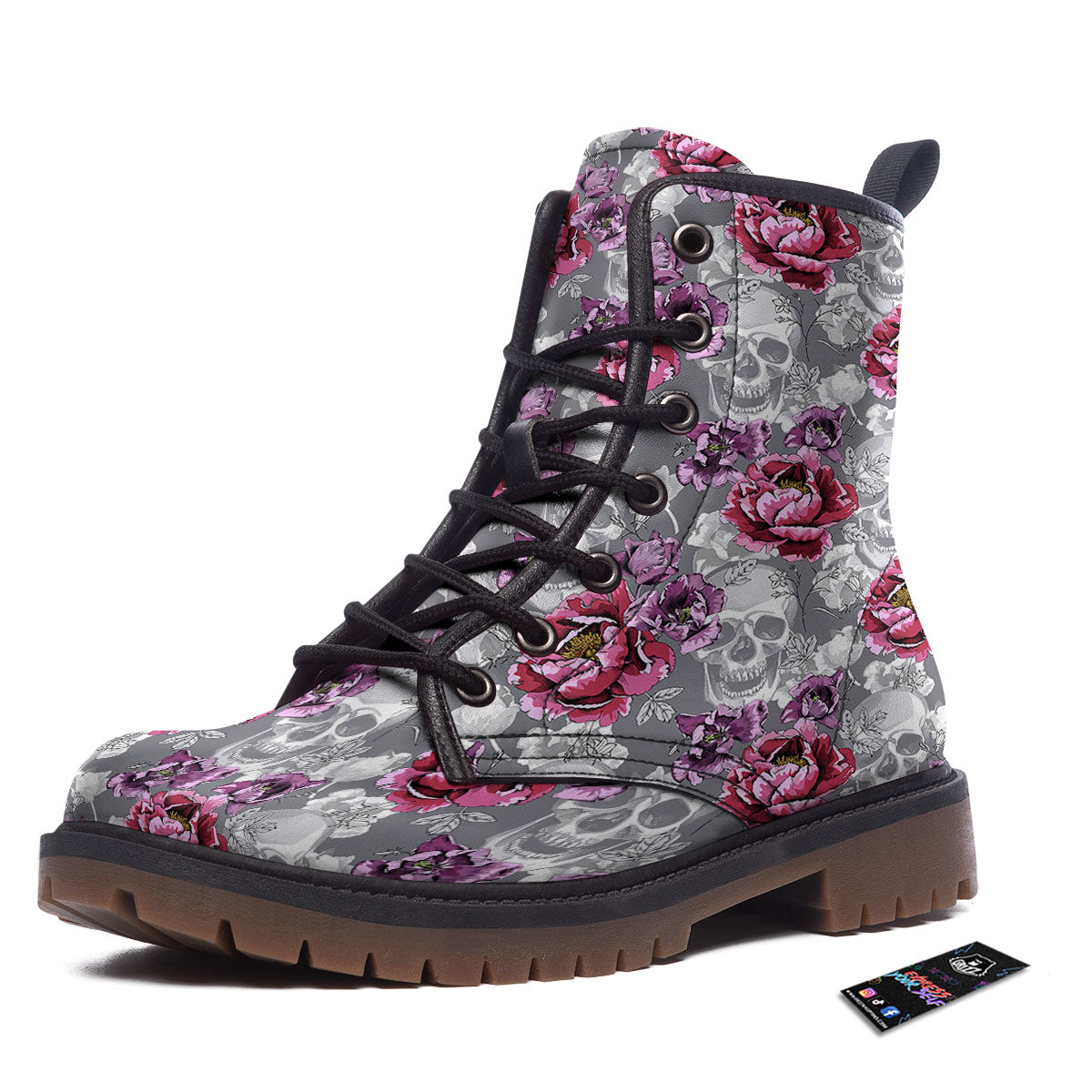 Flowers Skull Pink Print Pattern Work Boots-grizzshop